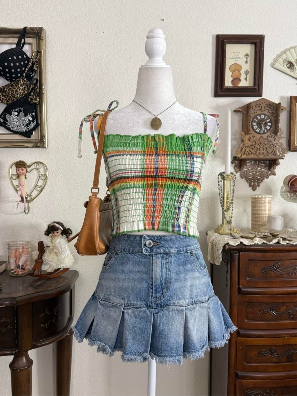 Vintage 70’s girly grunge boho plaid smocked whimsical crop top
